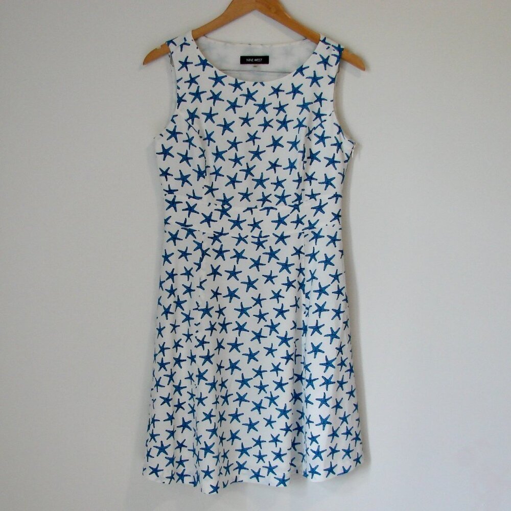 Nine West Shift Dress Blue White Starfish Summer Sleeveless A-Line Work Office 4